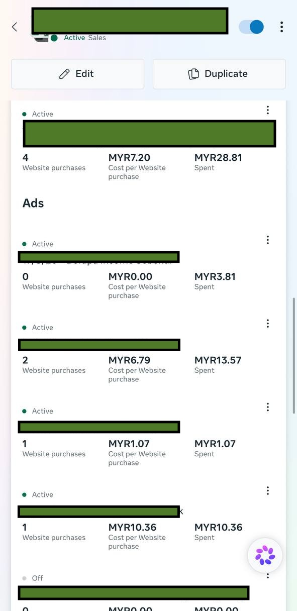 Screenshot Ads Manager — 1 adset dengan beberapa ads di bawahnya