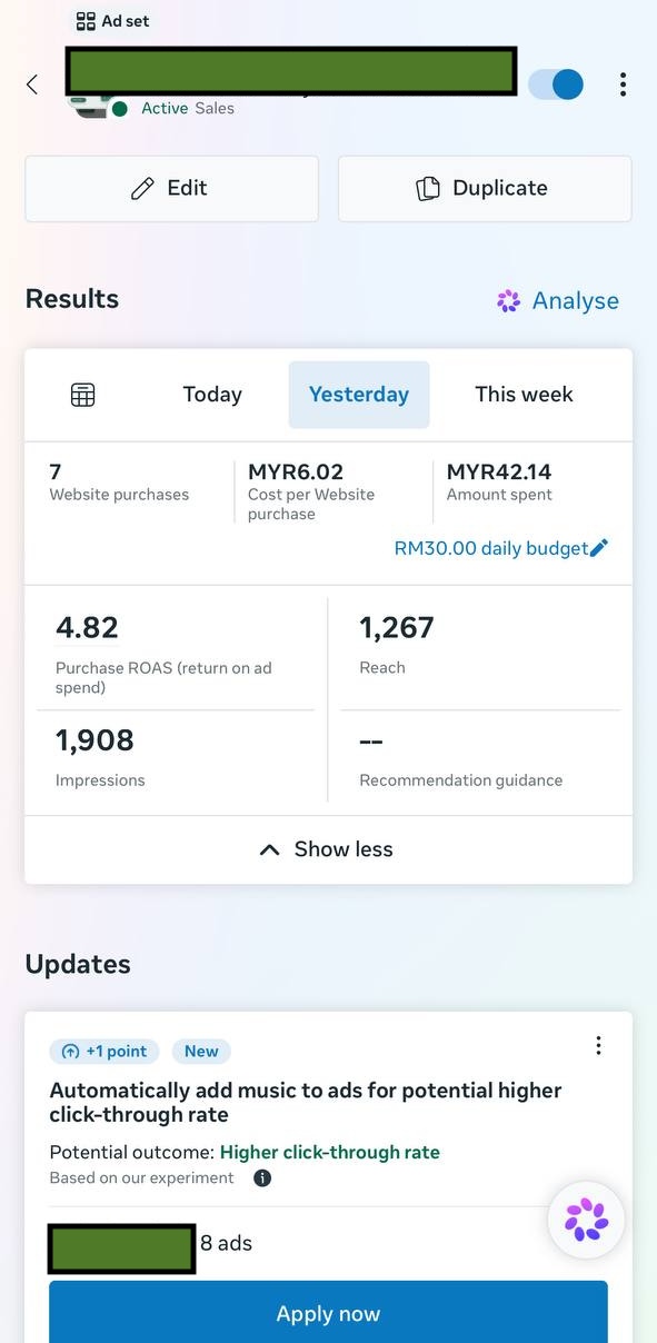 Screenshot Ads Manager — 1 adset dengan beberapa ads di bawahnya